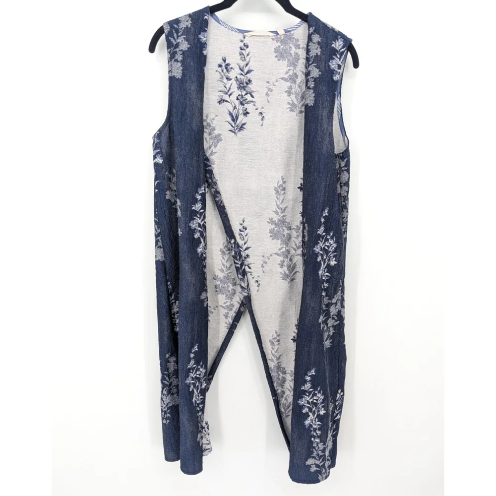 Soft Surroundings‎ Vest Womens Medium Blue Floral Open Front Longline Mature Top